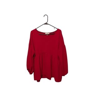 Umgee Puff Sleeve Peasant Babydoll Top XL Red Boho Festival Flowy Blouse V Neck